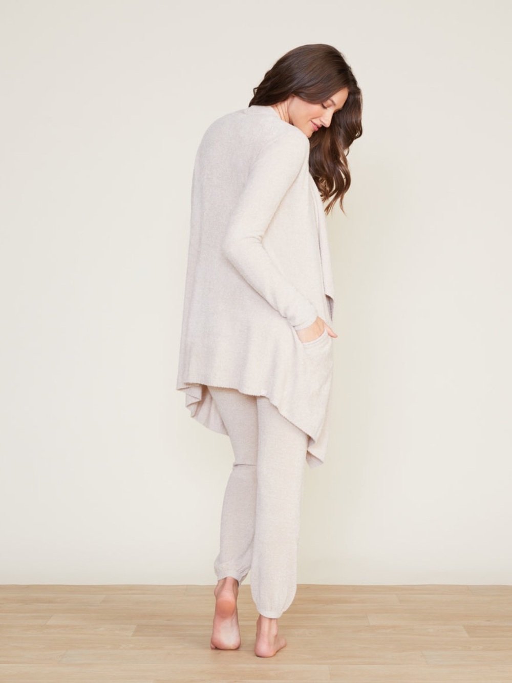 Barefoot Dreams CozyChic Lite Island Wrap Drape Front Cardigan Stone - Picture 3 of 11